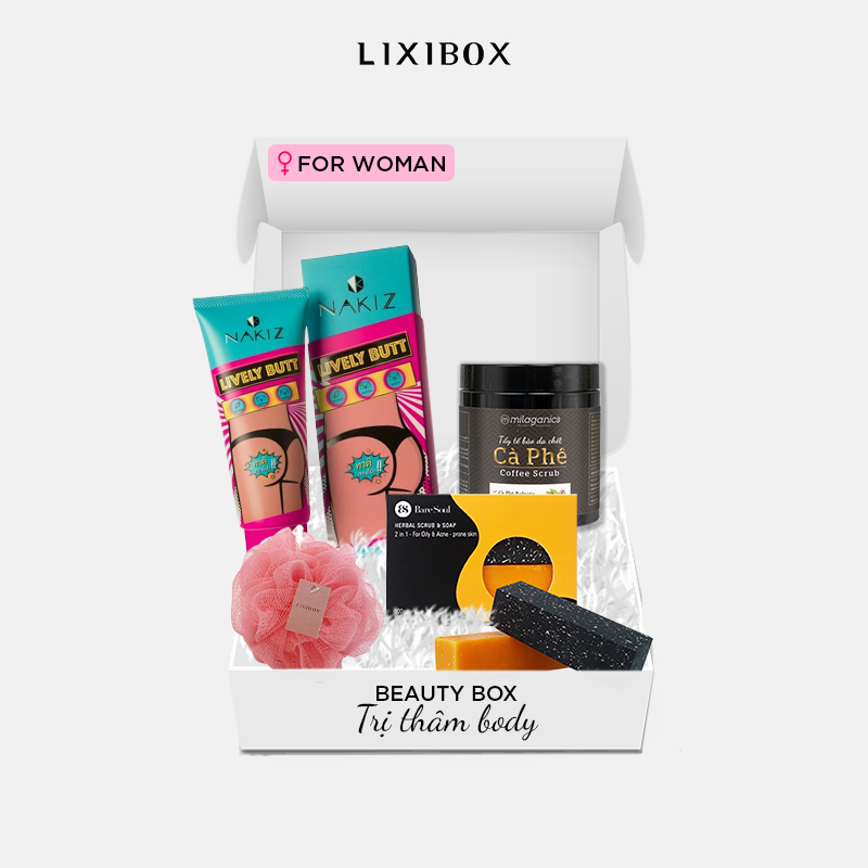 Beauty Box - Trị Thâm Body ( Combo Kem Trị Thâm Mông Bẹn Nách Nakiz, Xà Phòng Tẩy Tế Bào Chết, Bông Tắm Lixibox,Tẩy Tế Bào Chết Cafe Milaganics 280gr))