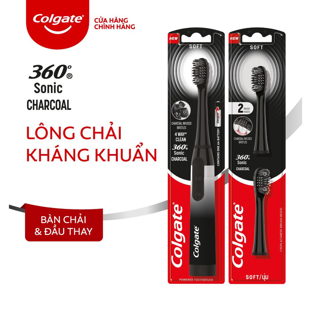 Combo Bàn chải điện Colgate Sonic 360 Charcoal với lông chải phủ than kháng khuẩn và 2 Đầu thay màu đen