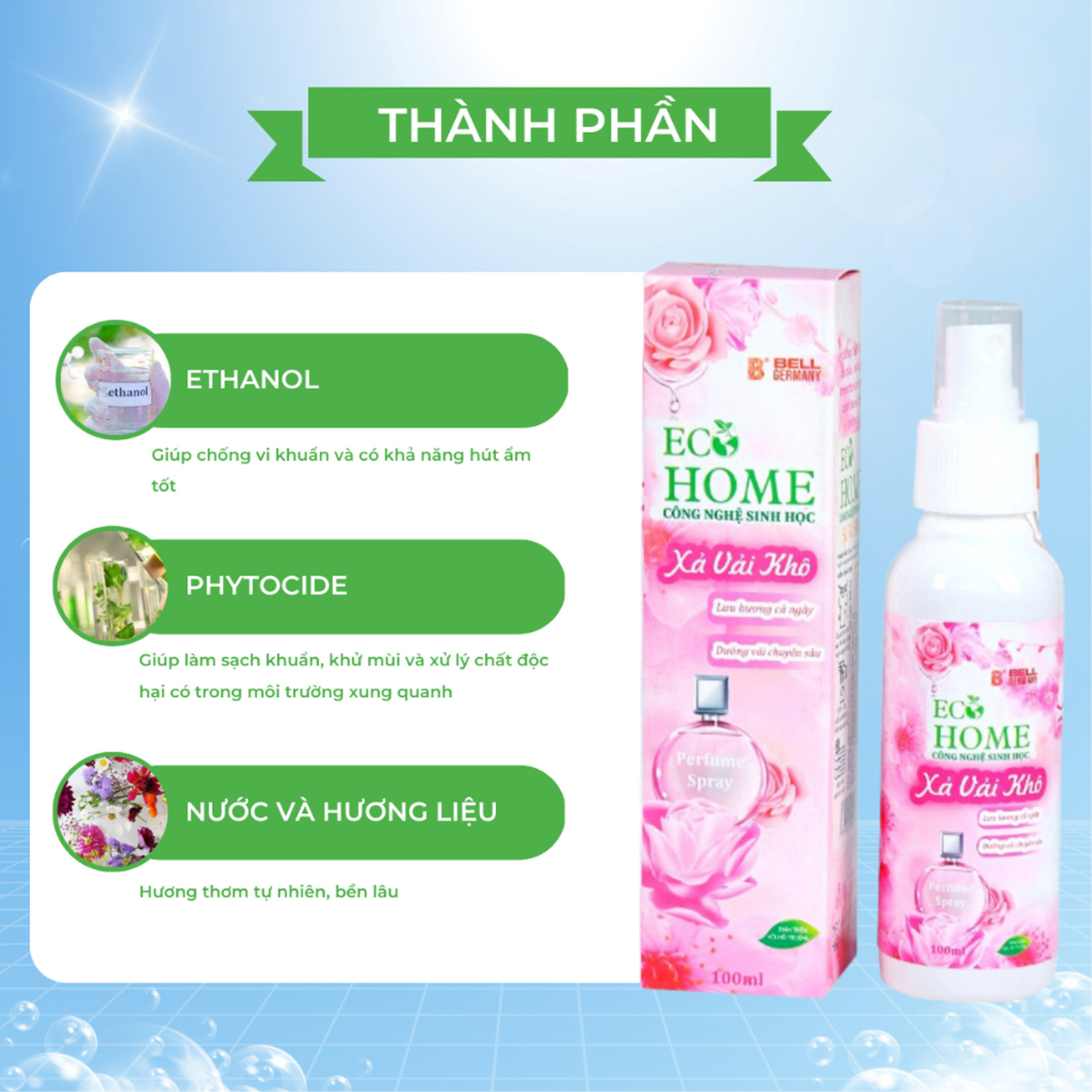 Xả Vải Khô Dạng Xịt Công Nghệ Sinh Học Ecohome 100ml Hương Comfor While Vỏ Hồng Làm Mềm Vải Khử Mùi Hôi, Lưu Hương Lâu