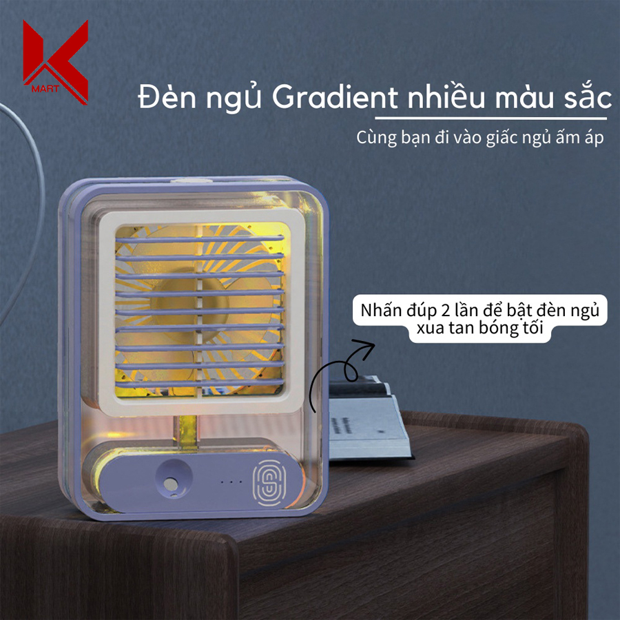 Quạt điều hòa mini trong suốt để bàn, có phun sương và 3 cấp độ gió, tích hợp đèn led - K-Mart