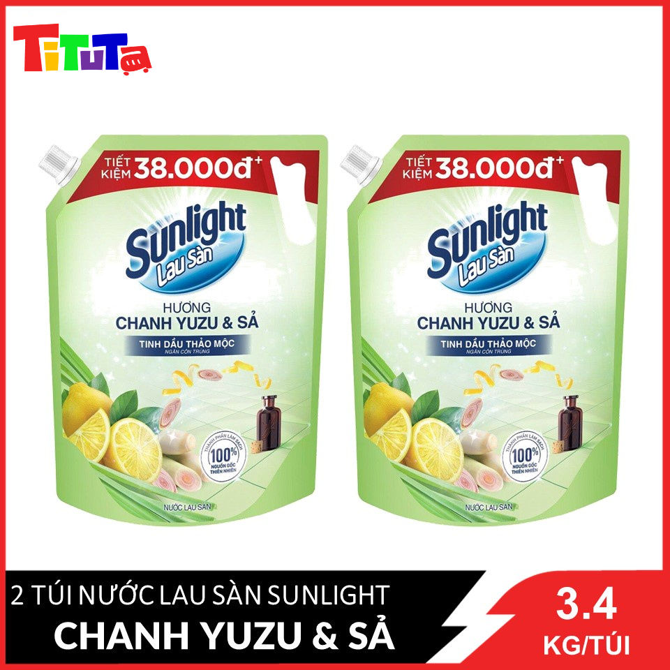 Combo 2 Nước lau sàn Sunlight Thiên nhiên chiết xuất Chanh Zuzu & Sả túi 3.4Kg x2
