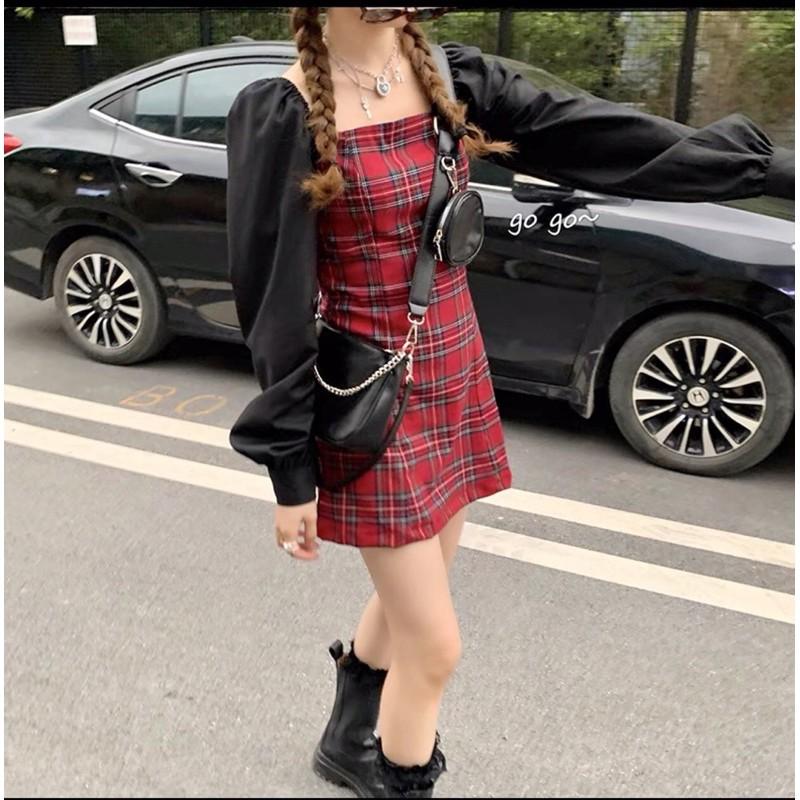 Đầm caro đỏ phối tay ren