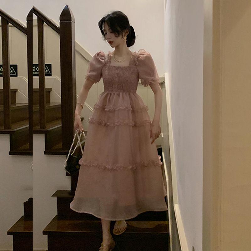 TOBE1SHOP Váy màu hồng nàng tiên Pháp ren Bouffant váy công chúa váy bánh váy lưới nàng tiên thắt lưng đầm