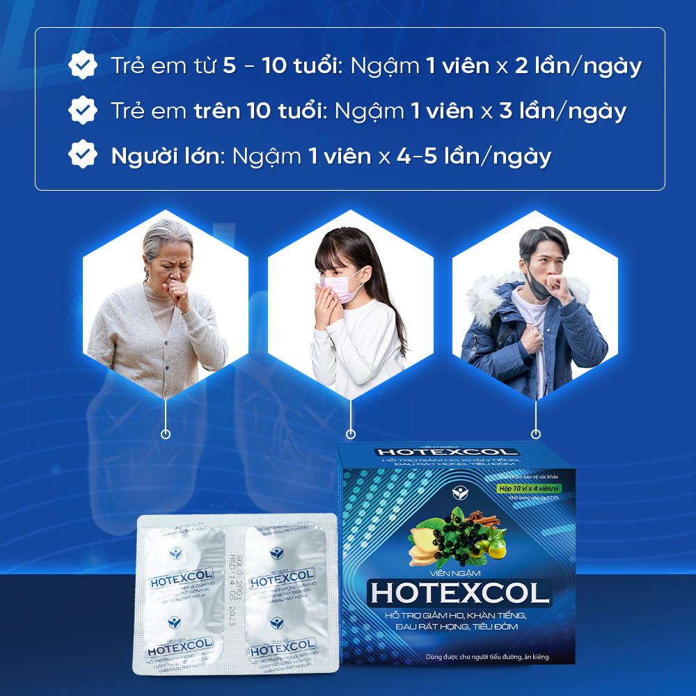 Viên Ngậm Hotexcol Hỗ Trợ Thanh Họng, Giảm Ho, Giảm Đau Rát Họng Hộp 4 Vỉ x 4 Viên