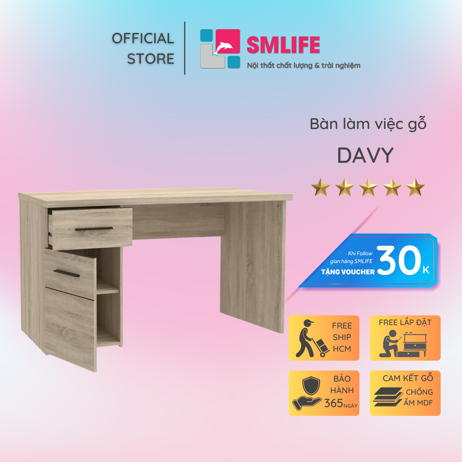 Bàn làm việc, bàn học gỗ hiện đại SMLIFE Davy | Gỗ MDF dày 17mm chống ẩm | D120xR60xC75cm