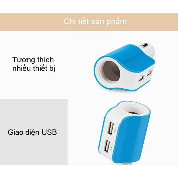 Tẩu cắm sạc trên ô tô đa năng tích hợp 2 cổng USB A68 ( GIAO MÀU NGẪU NHIÊN -Tặng nút kẹp cao su giữ dây điện cố định )