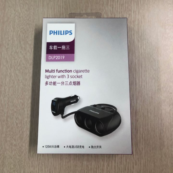 Bộ chia tẩu sạc ô tô, xe hơi nhãn hiệu Philips DLP2019 tích hợp 3 cổng chuyển đổi độc lập, đèn led hiển thị điện áp, dòng điện sạc, công suất đầu ra 120W