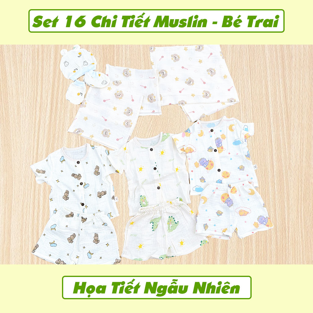Set Quà Tặng Sơ Sinh Đầy Tháng Chất 16 Chi Tiết Chất Muslin Cho Bé Trai NB House Kids