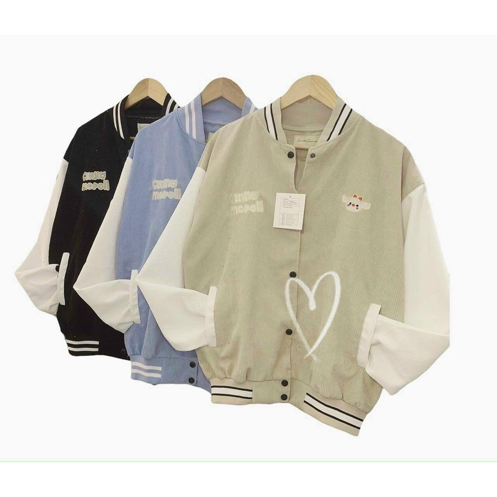 Áo Khoác Nhung Gân Kiểu Dáng BomBer Thêu Cừu Logo Cute Siêu Xinh