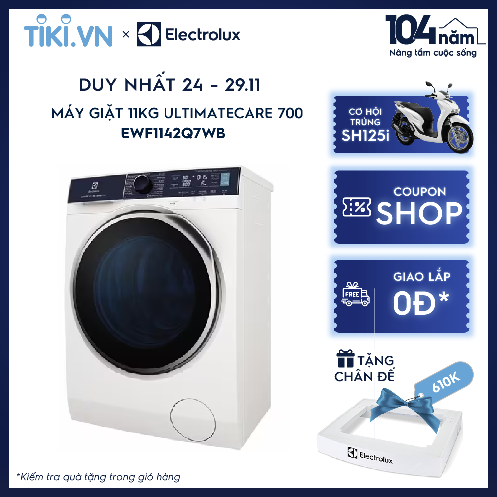 Máy giặt cửa trước Electrolux 11kg UltimateCare 700 - EWF1142Q7WB - Giặt sạch sâu, không cặn giặt tẩy, diệt 99.9% vi khuẩn, kết nối Wifi, tư vấn chăm sóc quần áo