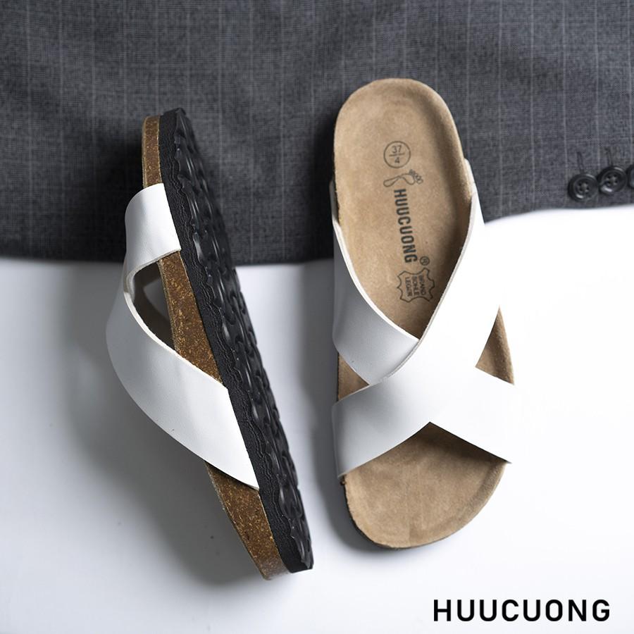 Dép unisex HuuCuong quai chéo trắng đế trấu