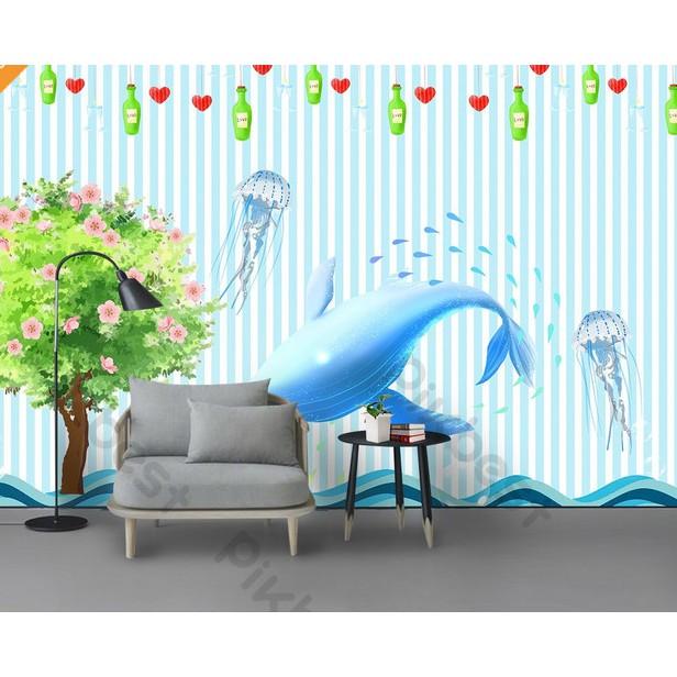 Tranh dán tường Cá heo đáng yêu trang trí phòng em bé, tranh dán tường 3d hiện đại MS995072