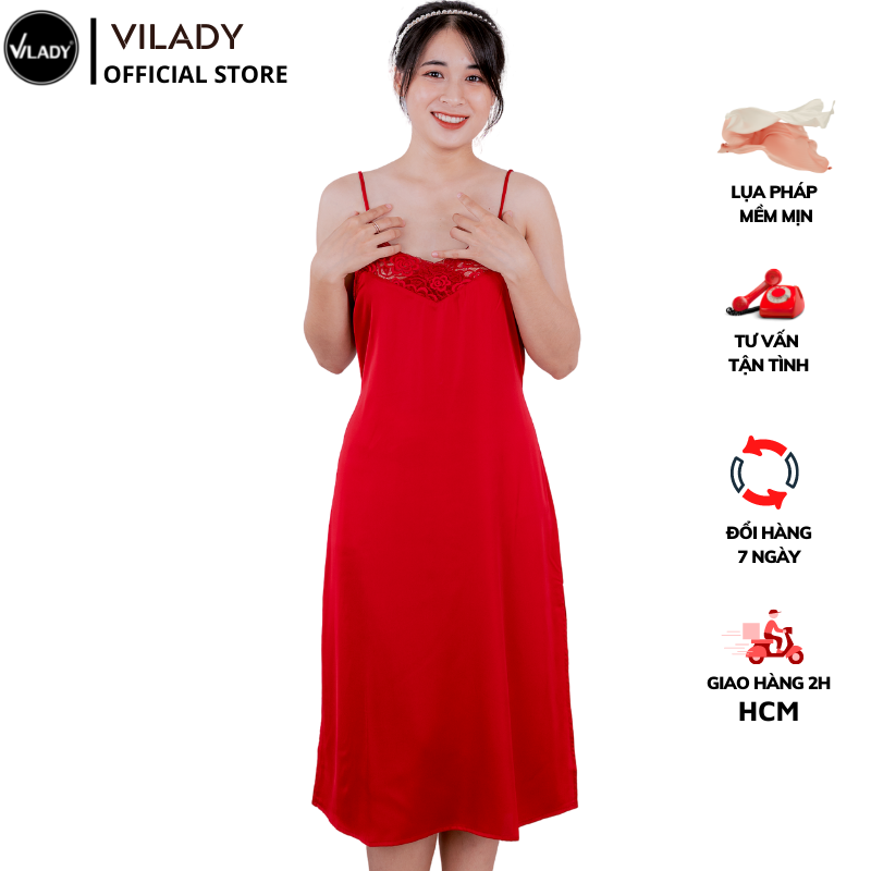 Đầm ngủ, Váy ngủ lụa Pháp (Lụa Latin) cao cấp VILADY - V149, phối ren ngực lưng, xẻ đùi 2 bên (Màu Đỏ đô)