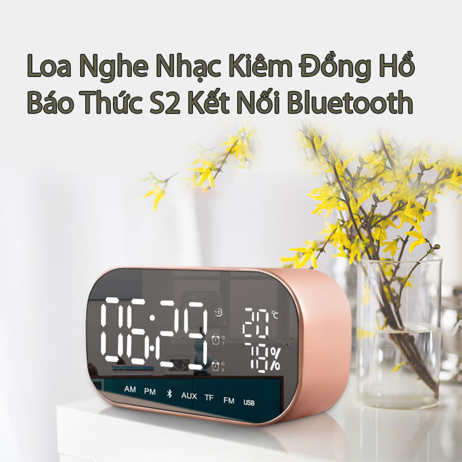 Loa Nghe Nhạc Bluetooth Kiêm Đồng Hồ Báo Thức,Mặt Kính Tráng Gương, Âm Thanh Siêu Trầm Cao Cấp