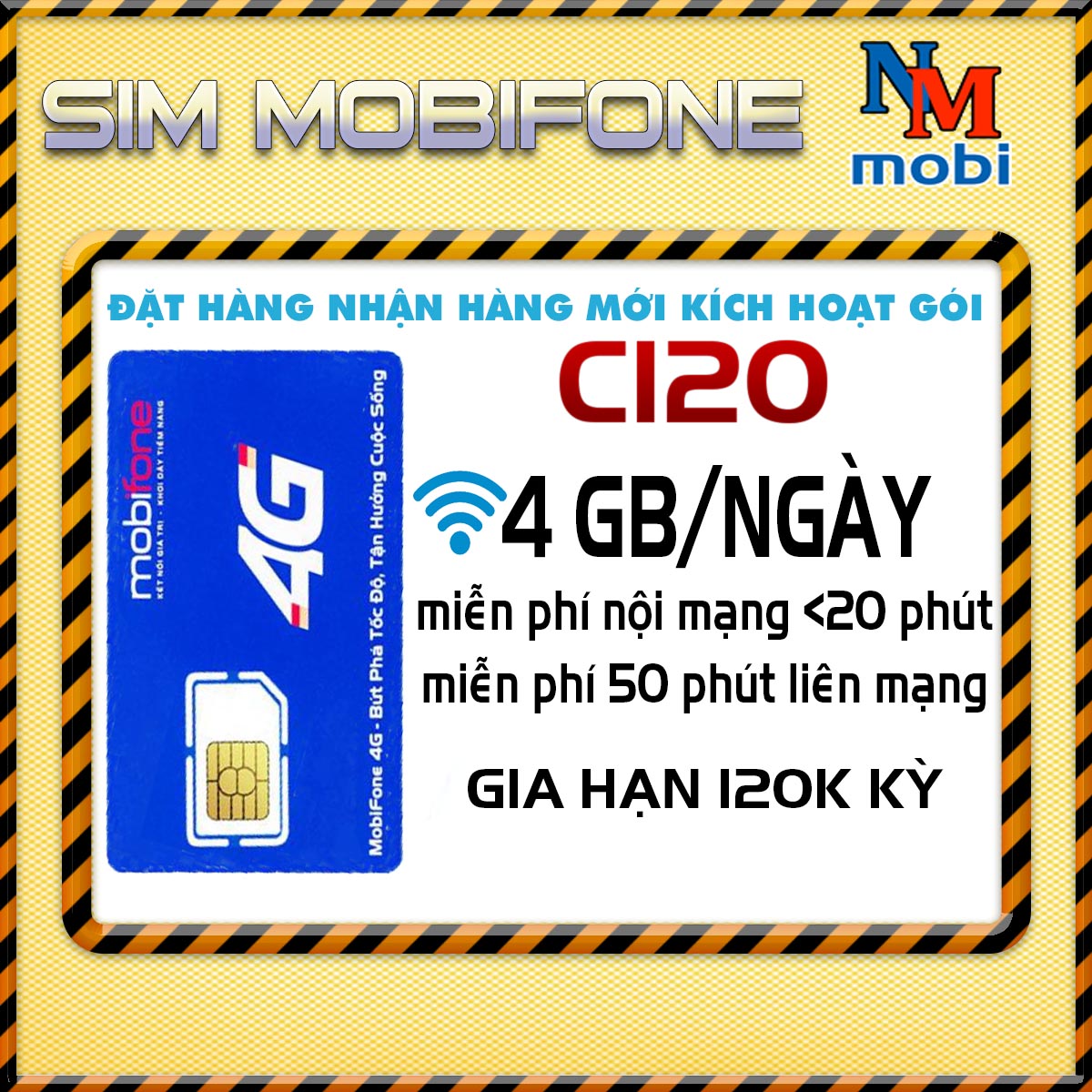 Sim 4G mobifone gói C120 - 4GB Ngày thoải mái gọi nội mạng dưới 20 phút - Hàng Chính Hãng