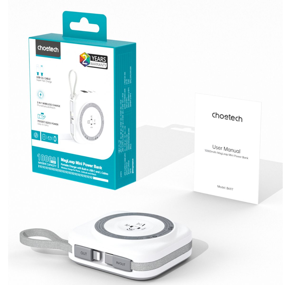 Pin dự phòng đa năng 2 in 1 Choetech B697 công suất 22.5W tích hợp cáp Type C và iP - Hàng chính hãng