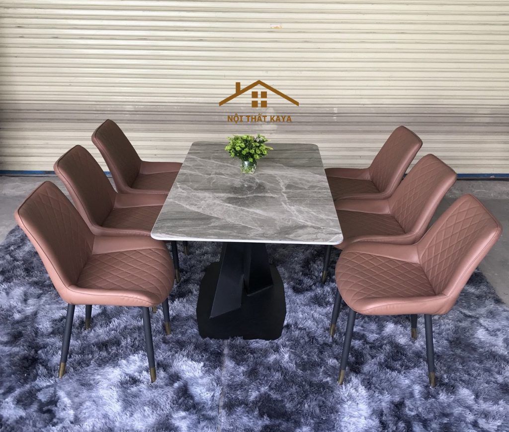Bộ Bàn Mặt Đá Ceramic Chân X 6 Ghế Nhập Khẩu 160cm x 90cm x 75cm KY-GH11