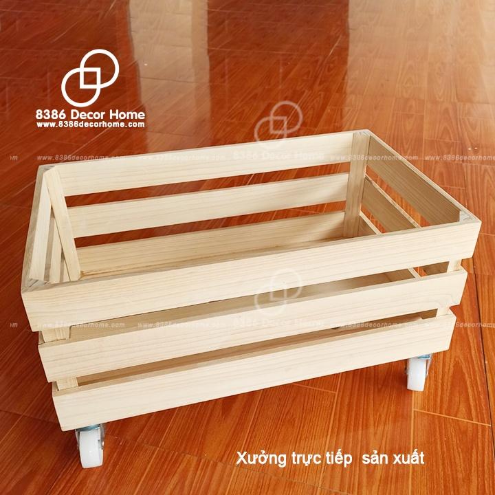 Thùng Pallet gỗ hộp đựng đồ đa năng có bánh xe đẩy kéo, trang trí homestay, Kệ decor gỗ thông đa năng gỗ thông