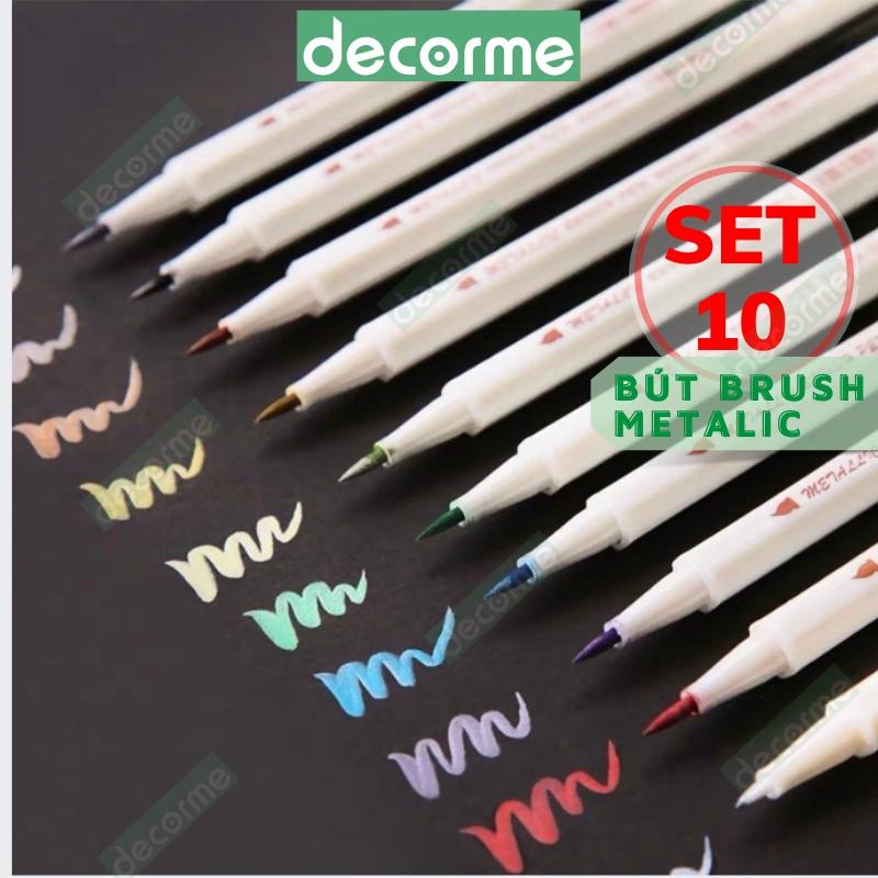 Bút brush metalic DecorMe bút viết calligraphy ngòi soft brush sign pen bộ 10 12 bút phụ kiện văn phòng phẩm