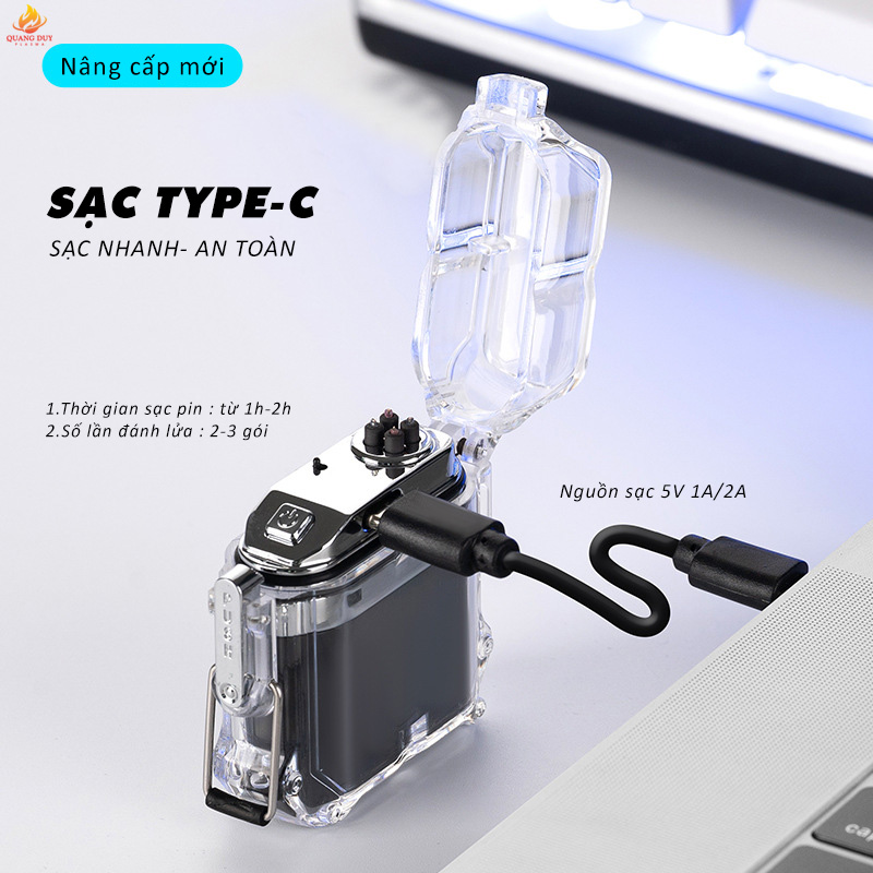 Hộp quẹt điện chống nước vỏ trong suốt, công nghệ 4 tia plasma chống gió sạc pin tiện lợi.