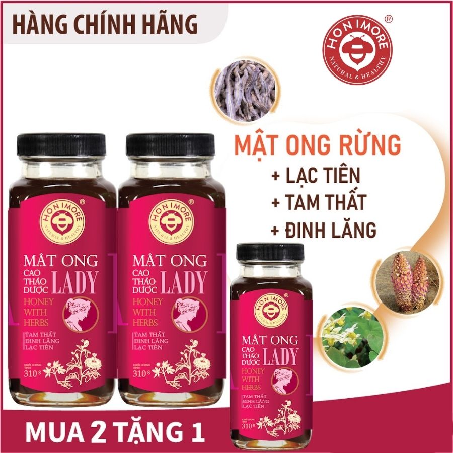 Combo 2 chai Mật ong cao thảo dược Lady giúp ngủ ngon Honimore 310g tặng 1 chai cùng loại - mật ong rừng nguyên chất phối trộn với cao thảo dược