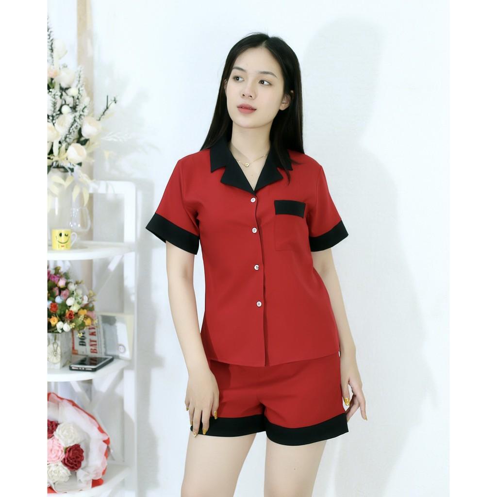 Bộ đồ Pijama ngắn mặc nhà MÀU ĐỎ ĐÔ PHA CỔ ĐEN