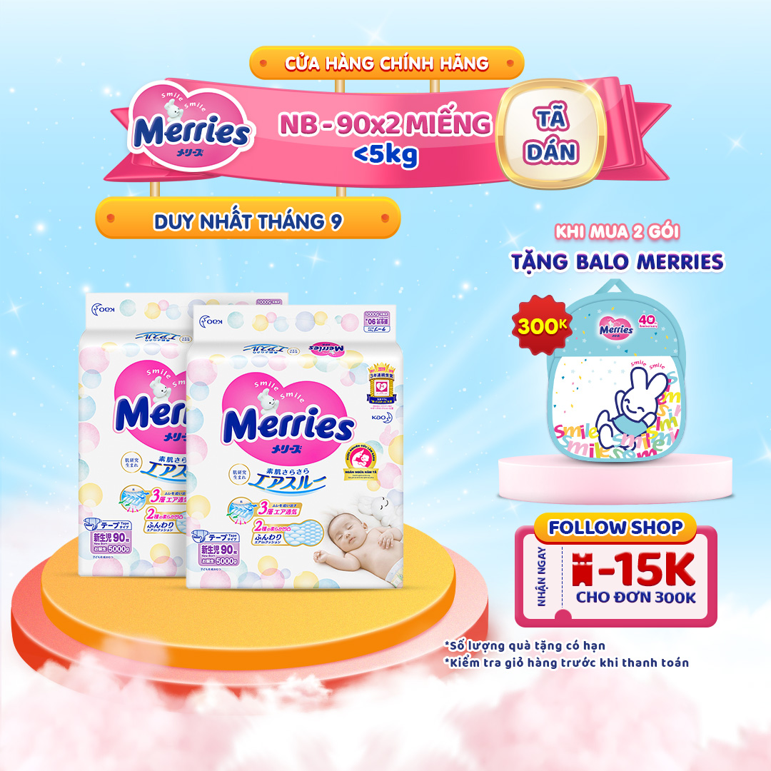 Combo 2 Tã/bỉm dán Merries size NB - 90 miếng