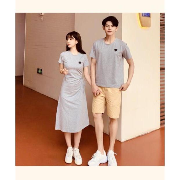Áo đôi: Đầm thun rút dây một bên eo + Áo thun nam cổ tròn
