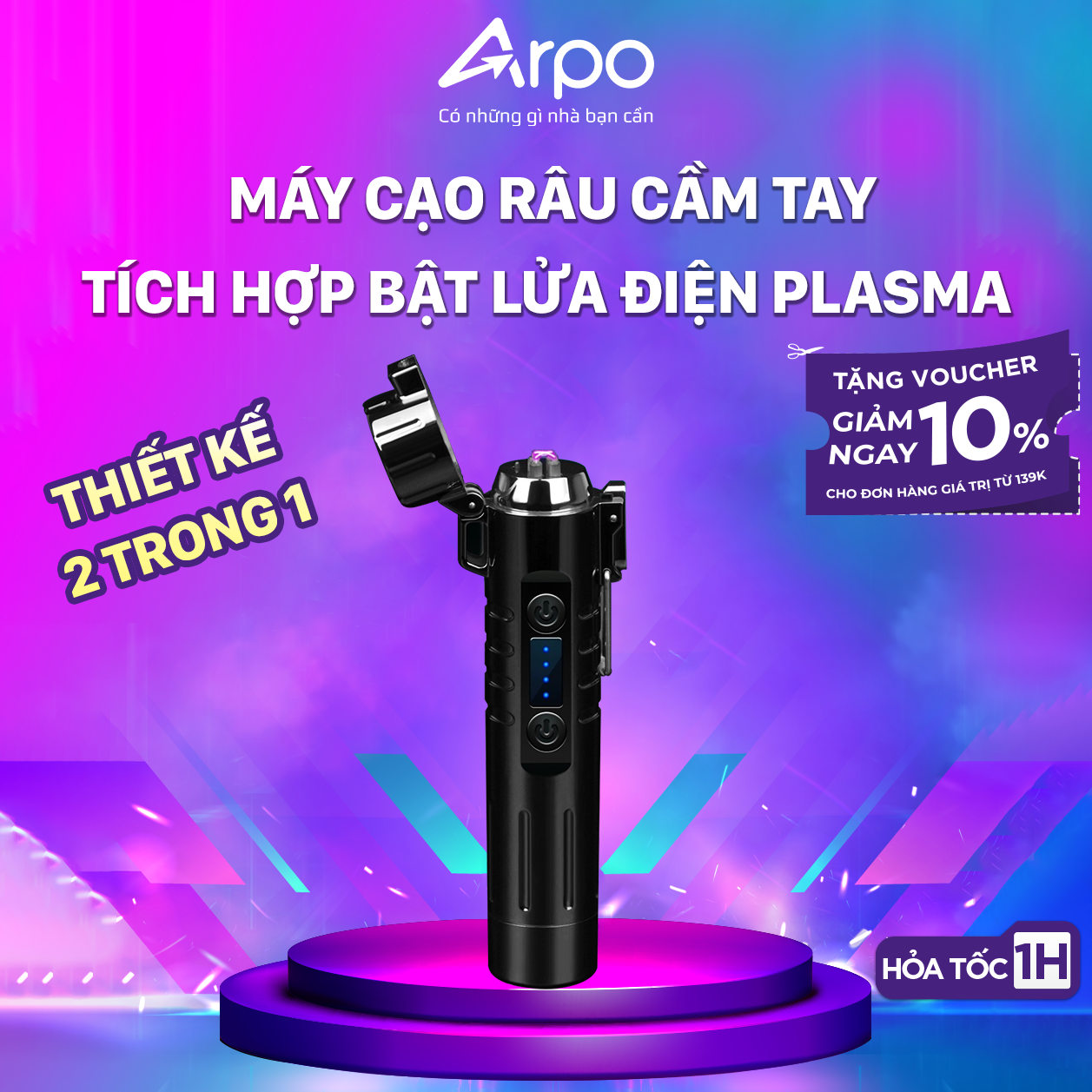 Máy Cạo Râu Cầm Tay Không Dây Lưỡi Xoay 360 Độ Xoay 4500 Vòng/Phút Đa Năng, Tích Hợp Bật Lửa Điện Plasma An Toàn Sang Trọng