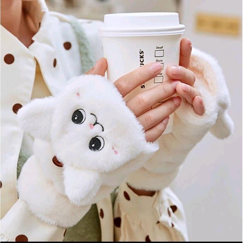 Găng tay hình mèo cute dạng hở ngón lông mềm mại ấm áp vào mùa đông