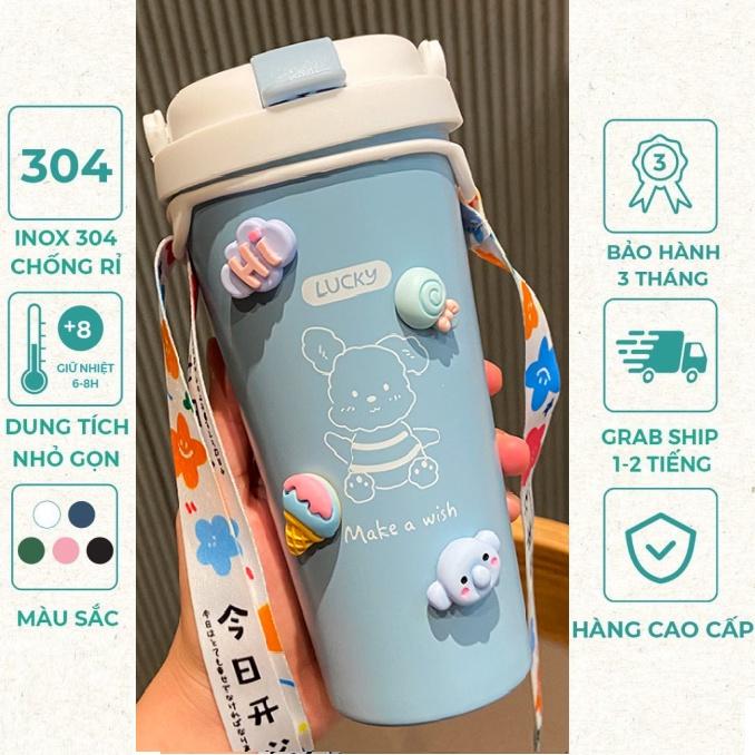 Bình giữ nhiệt, Ly giữ nhiệt 500ml, bình đựng nước cute có ống hút, dây đeo và sticker