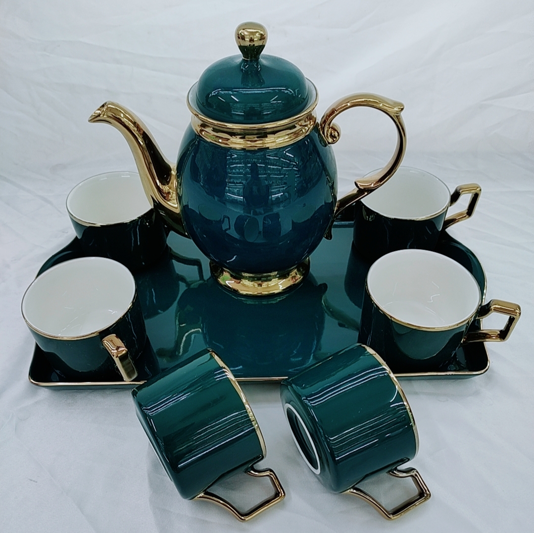 BỘ ẤM CHÉN KÈM KHAY MÀU XANH CỔ VỊT VIỀN VÀNG