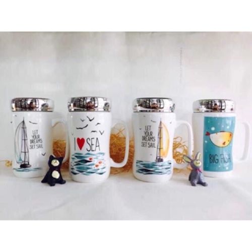 Ly sứ giữ nhiệt nắp tráng gương 400ml có tay cầm,in họa tiết ngẫu nhiên