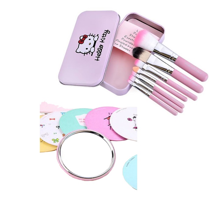 Set Cọ Trang Điểm 7 Cây kèm hộp màu hồng Hello Kitty Mini Brush Kit tặng gương trang điểm mini dễ thương tiện dụng (Hình thật thực tế sp)