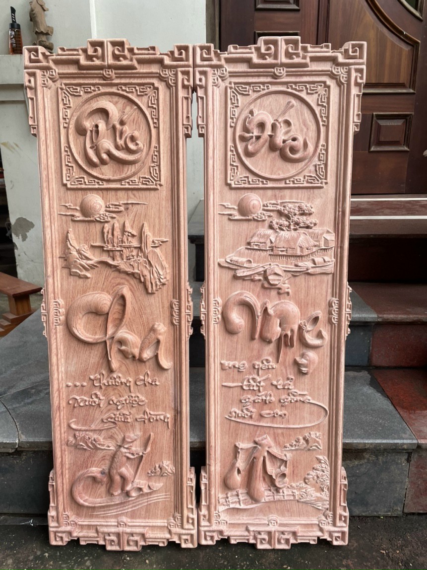 Cặp tranh câu đối treo tường khắc chữ cha mẹ bằng gỗ hương đá kt 30×97×4cm
