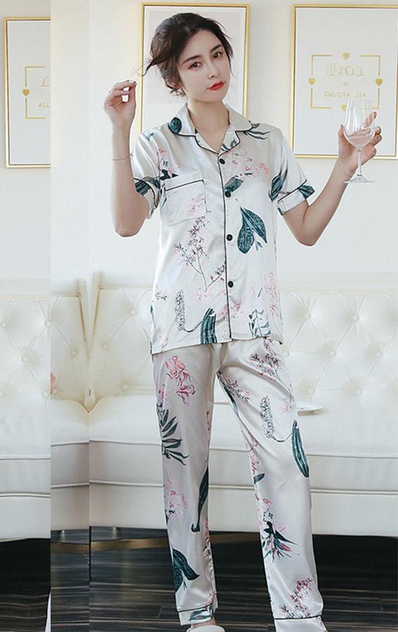 Bộ Pijama nữ quần dài chất phi lụa vải mềm mịn hoạ tiết hoa lá CDANP10