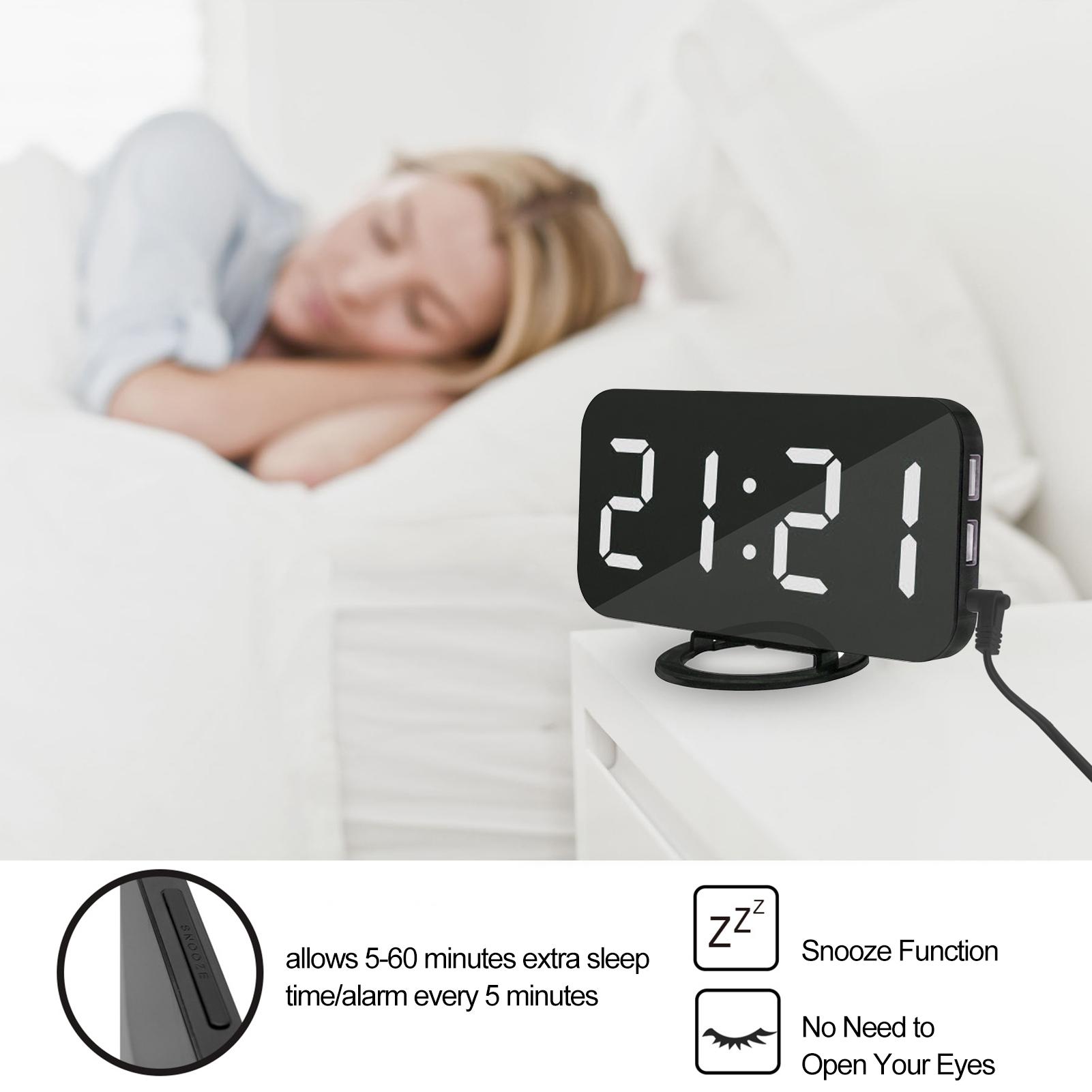 Đồng hồ báo thức kỹ thuật số Màn hình LED với cổng sạc USB kép Chế độ làm mờ tự động Chức năng báo lại dễ dàng