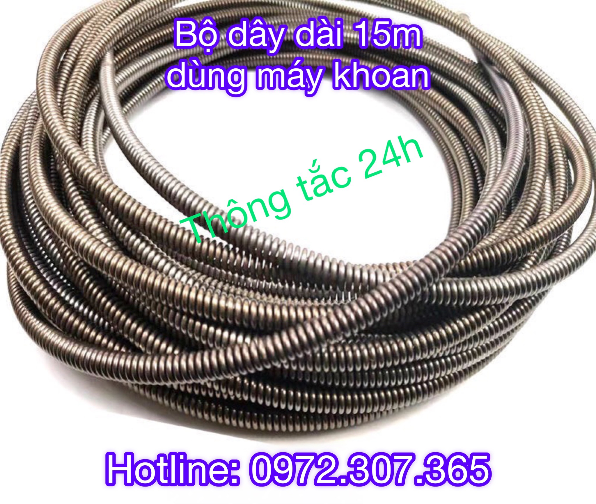 Dây thông tắc cống lò xo Ф10, dây thông nghẹt cống dùng cho máy khoan dài 15m dây lò xo + 1 đầu kết nối máy khoan