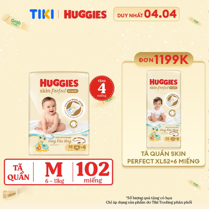 Tã quần Huggies Skin Perfect Mega Jumbo M98+4 miếng với 2 vùng thấm giảm kích ứng da