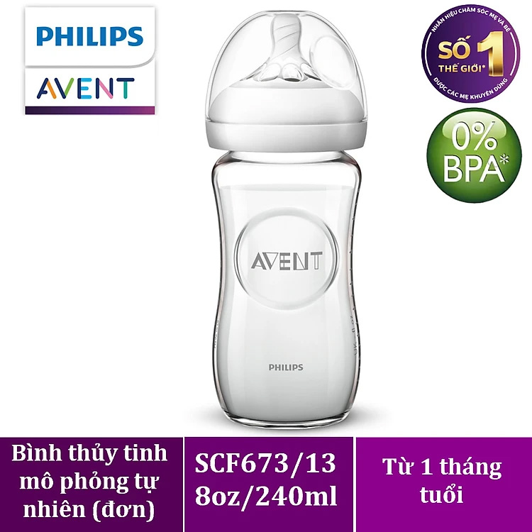 Bình sữa thủy tinh  mô phỏng tự nhiên hiệu Philips Avent (240ml - đơn) cho trẻ từ 1 tháng tuổi 673.13