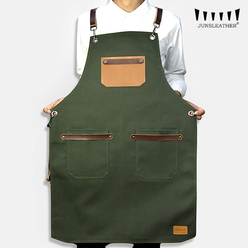 Tạp dề pha chế vải canvas dây da của Junsleather phối da bò cao cấp dành cho Barista/Bartender