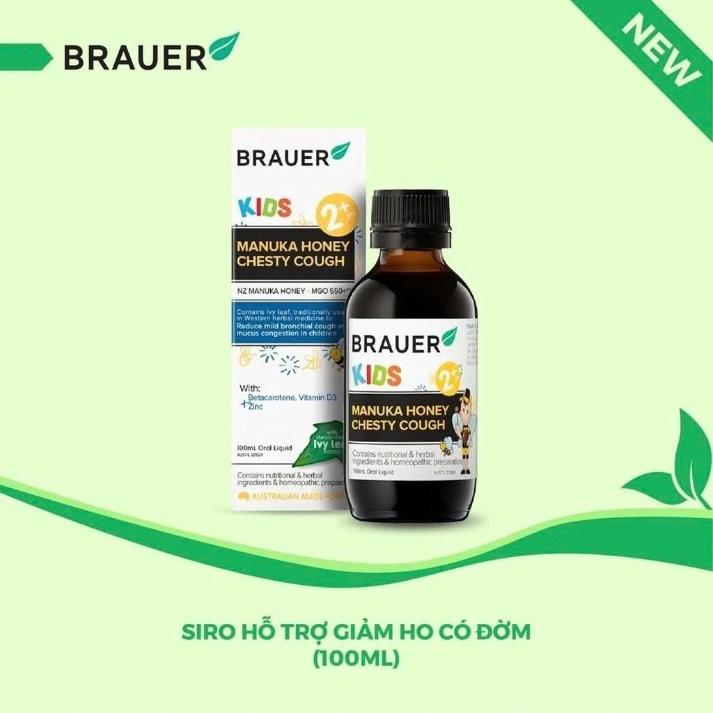 Sirop Brauer Manuka Honey Chesty Cough 100ml hỗ trợ giảm ho có đờm cho trẻ từ 2 tuổi
