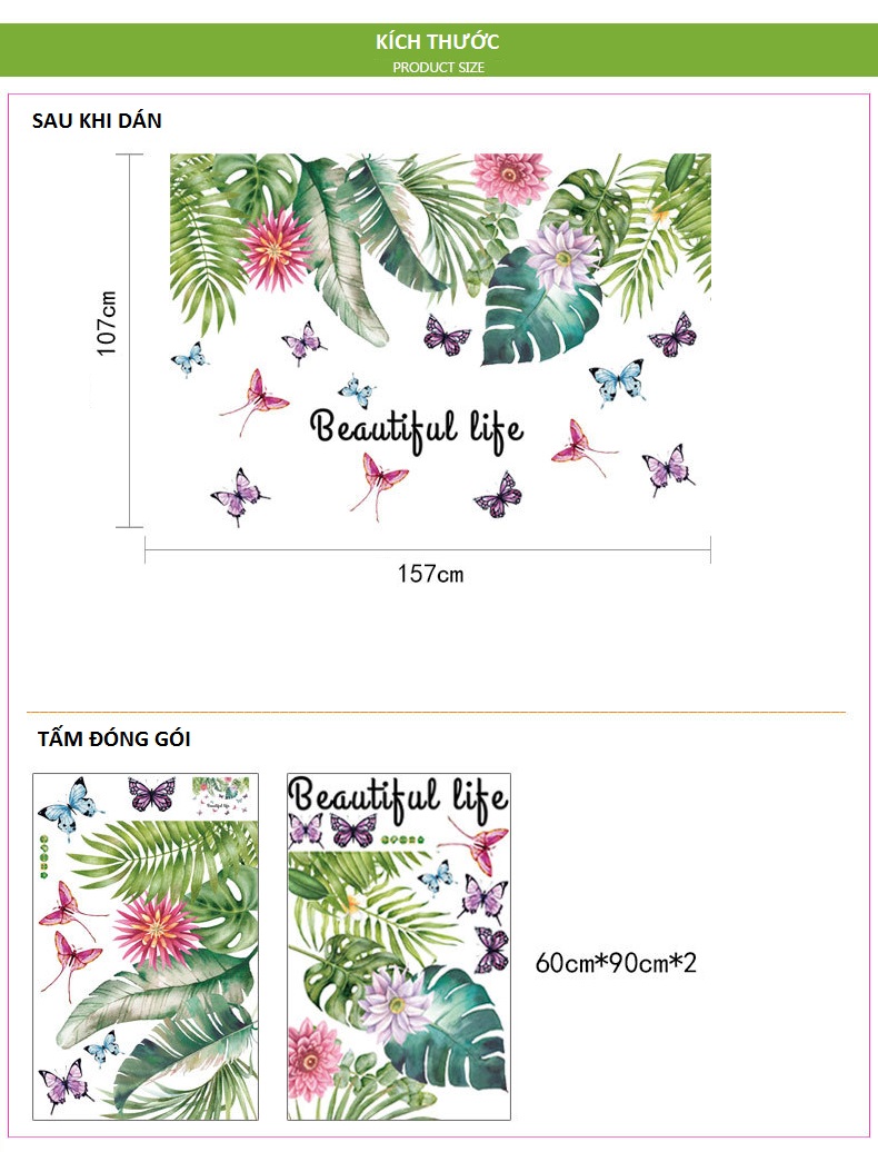 Decal dán tường Giàn lá hoa và bướm đủ màu phong cách Hàn Quốc