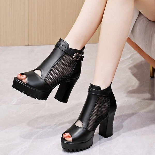 [TRỢ SHIP_GIÀY XỊN] Giày bốt nữ, boots cao gót gót vuông 10 phân chunky hở mũi phối lưới S055