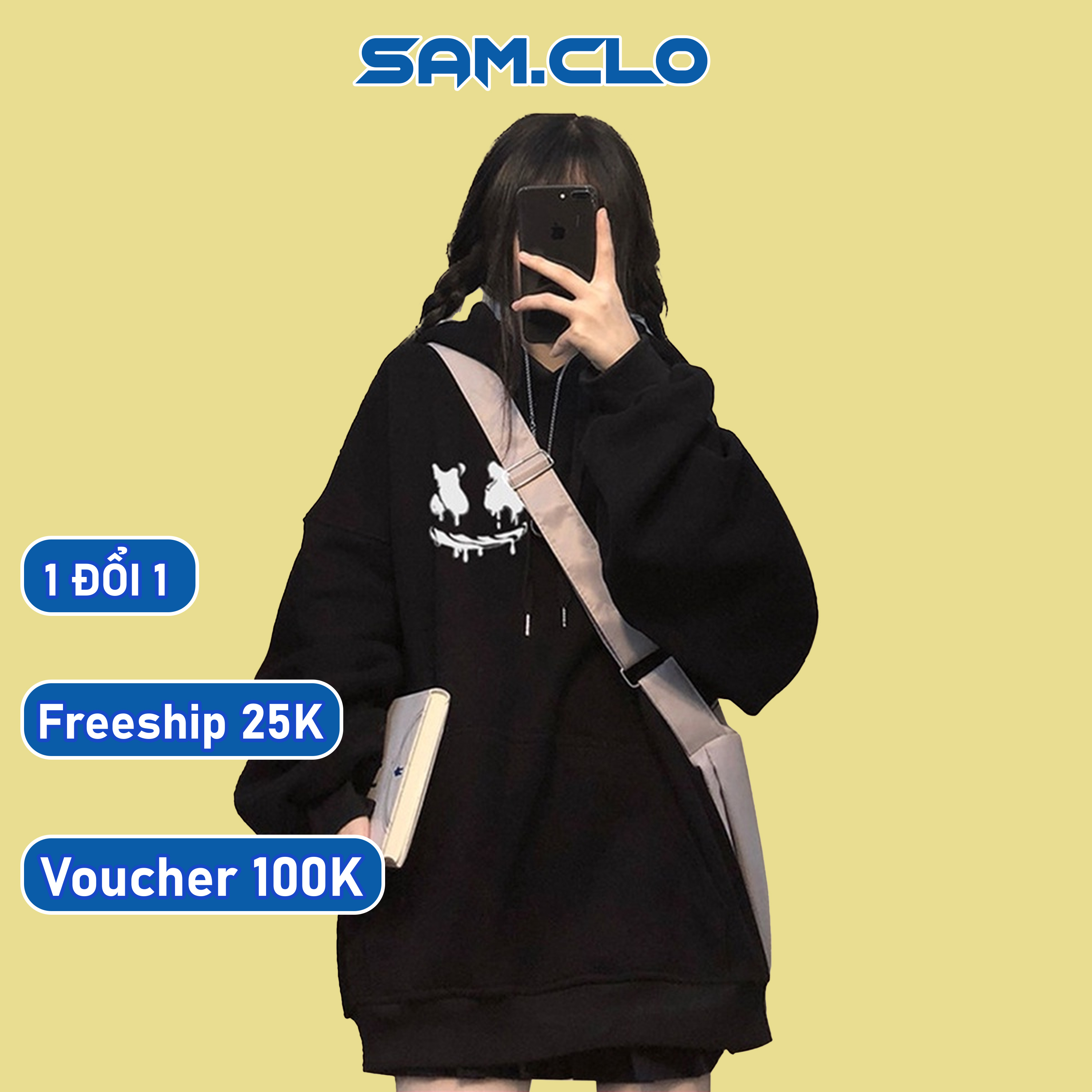 Áo khoác nỉ có mũ 2 lớp SAM CLO - HOODIE chui freesize form rộng nam nữ unisex in hình MẶT CƯỜI chữ X
