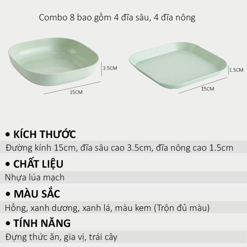 Đĩa Lúa Mạch Vuông Set 8 Chất Liệu Nhựa Lúa Mạch Sinh Học An Toàn Cho Sức Khoẻ