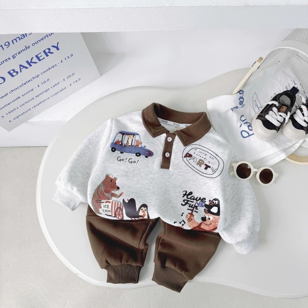 Set Áo Thun Tay Dài Cổ Polo Gấu Quần Bo Chun Cho Bé Trai 1-8 Tuổi Dành Cho Bé Trai