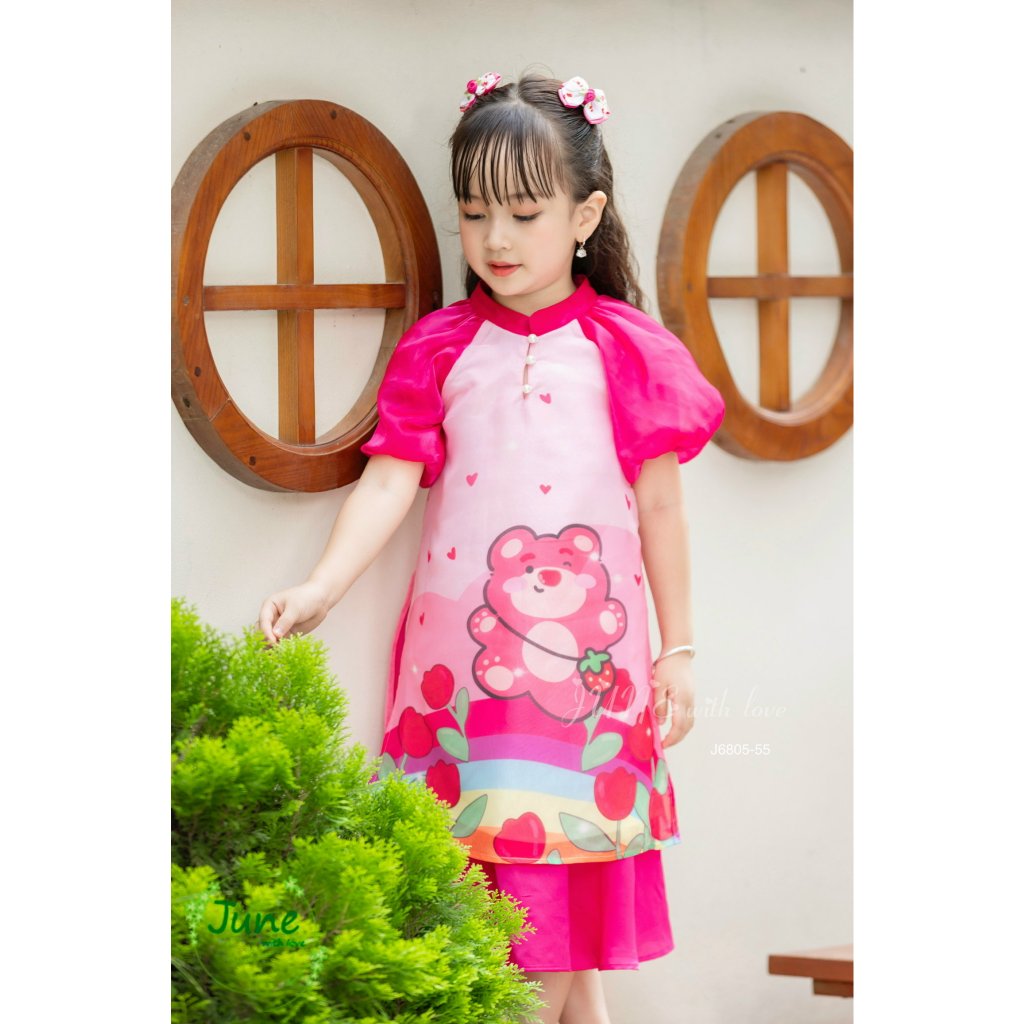 Áo dài tết cho bé gái mẫu Gấu dâu Lotso từ 12-35kg hàng thiết kế cao cấp