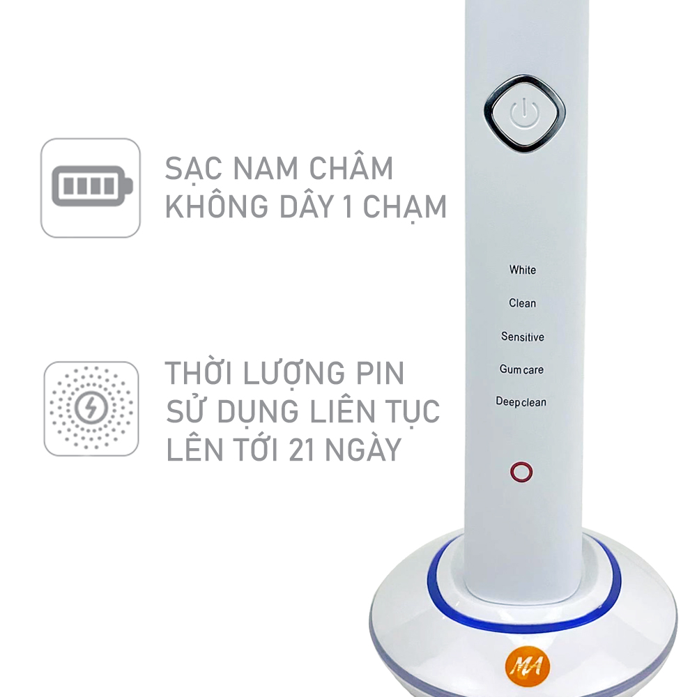 Bàn chải đánh răng điện MaxAir model MA004 công nghệ sóng âm Sonic, 5 chế độ rung, tặng kèm 2 đầu bàn chải, hàng chính hãng