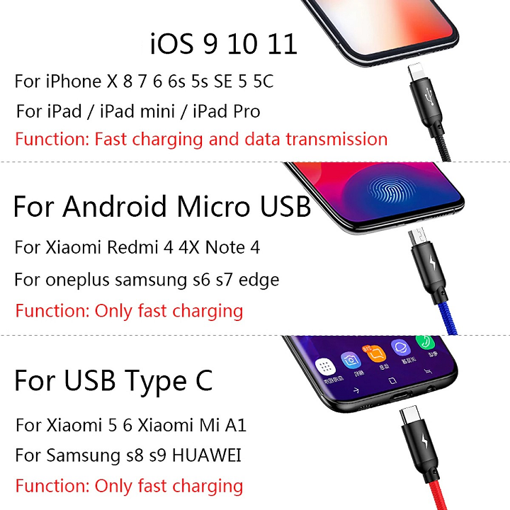 Hình ảnh Dây cáp sạc nhanh 3A 3 in 1 USB Type-A to Micro USB / Type-C / iPhone hiệu Baseus (sạc cùng lúc 3 thiết bị, chip sạc thông minh) - hàng nhập khẩu